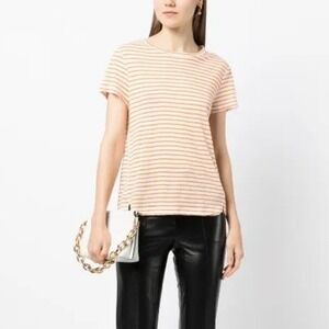 NEW FRAME Striped Organic Easy True Linen T-Shirt Orange White Tee Size Small
